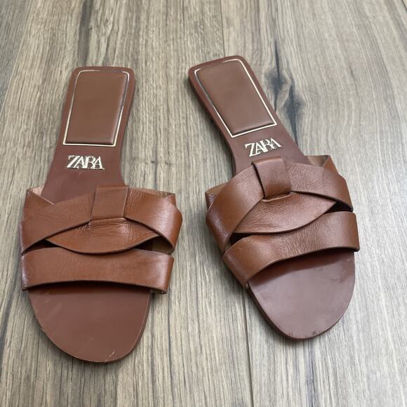 Zara Flat Crossed Slides Brown Leather Sandals Size 38 US 8 Cognac Retail $49 - Picture 1 of 6